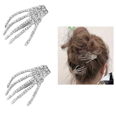 Halloween Skeleton Hands Hair Clips for Women Girls Rhinestone Skull Hair Clip Goth Punk Horror Hair Barrette Cosplay Costume Hair Accessories for Women Skeleton Hair Pins