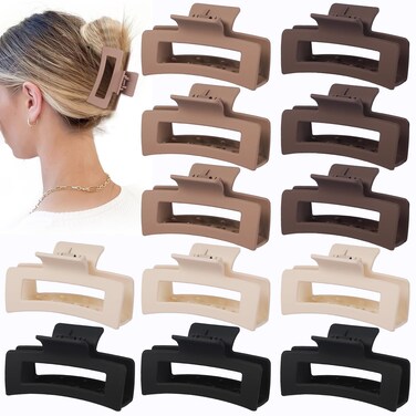 Hair Claw Clips, 3.5 Inch Medium Hair Clips 12 Pcs Square Jaw Clips for Thick and Thin Hair - Brown, Matte Black, Dark Brown, Light Brown, Bulk Hair Accessories