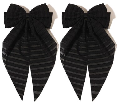 Black Bow Hair Clips for Women - Furling Pompoms Large Hair Bows Girl Metal Barrettes Long Tail Retro Hair Clips for Bows Hair Accessories 2pcs (Striped Black)