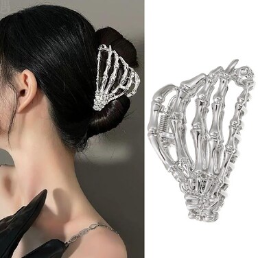 2023 Halloween Hair Claw Clip -Novel Sliver Skull Hair Clip Halloween Hair Accessories for Women Girls Metal Bones Claw Clips for Thick Hair (sliver)
