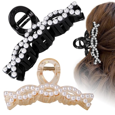CROWN GUIDE Large Claw Clips for Women Thick Hair &amp; Thin Hair, 4.3" Pearl Big jumbo Hair Clips Non Slip Jaw Clamps Styling for Girls 2 Pack Black &amp; Champagne