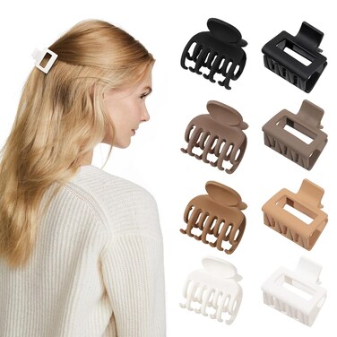 Small Matte Claw Clips Set for Women and Girls - 4 Double Row Teeth Clips for Thin Hair, 4 Medium Square Mini Clips for Long or Short Hair, Hair Accessories