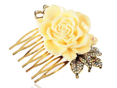 Alilang Gold Tone Sculpted Yellow Enamel Flower Rainbow Rhinestones Bow Leaves Hair Pin Clip Comb, One Size, 1 Piece