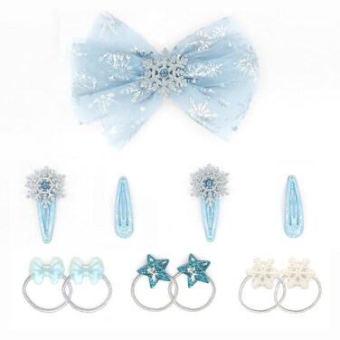 11 Pieces Snow Princess Hair Accessories - Snowflake Hair Clips, Tulle Bow, Glitter Star Elastics by innerspark for Baby, Toddler and Teen Girls