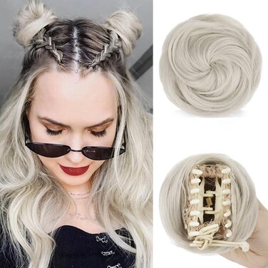 SOFEIYAN 2PCS Mini Claw Clip in Hair Bun Messy Cat Ears Hair Bun Extension Synthetic Donut Wig Accessory Updo Space Bun Hair Pieces for Women Girls, Grey