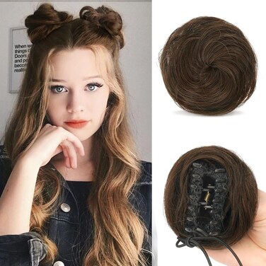 SOFEIYAN 2PCS Mini Claw Clip in Hair Bun Messy Cat Ears Hair Bun Extension Synthetic Donut Wig Accessory Updo Space Bun Hair Pieces for Women Girls, Darkest Brown &amp; Light Auburn Mixed