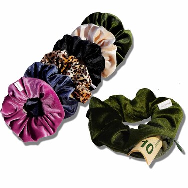 Velvet Scrunchie Set of 6   Hidden Zipper Pocket Storage for Cash, Keys, Chapstick   Women's Hair Accessory