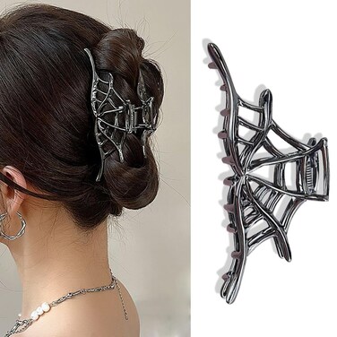 Hair Clip, Black Spider Web Metal Punk Design, Large, for Women, Halloween Accessory Alloy, Non-Slip, Daily Wear, Parties, Occasions, Ideal Gift
