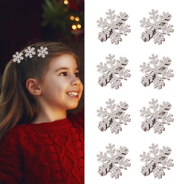 8 Pcs Snowflake Hair Clips Shinny Rhinestone Snowflake Hairpins 1.2 Inch Xmas Hair Barrettes Winter Hair Accessories Alligator Clips for Women Girls Christmas Party Supplies