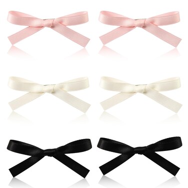 6pcs Cute Hair Clips, Solid Color Ribbon Bow Clips Kawaii Bowknot Barrettes Hair Accessories for Women Girls (Pink, White, Black)