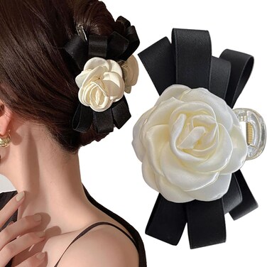 Camellia Bow Hair Clip, White Flower Black Bow Claw Clip, Floral Hair Accessory for Women Girls