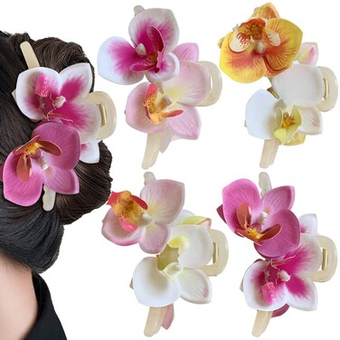 4Pcs Phalaenopsis Butterfly Orchid Hair Accessories - Pink Hawaiian Moth Flower Clips, French Floral Hair Barrettes for Women, Summer Claw Clips