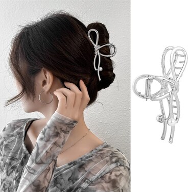 Large Hair Clips for Thick and Thin Hair Metal Sliver Bow Hair Claw Clips with White Pearls Design Elegant French Hairpins Jaw Clips Strong Hold Hair Accessories for Women Girls Daily Wedding Wear