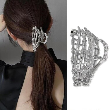 BELSITA Halloween Skeleton Metal Hand With Skull Head Design Hair Clip - Silver, Hair Clip for Thick or Thin Hair, Large Hair Claw Clips, Strong Hold, Neutral Hair Accessories