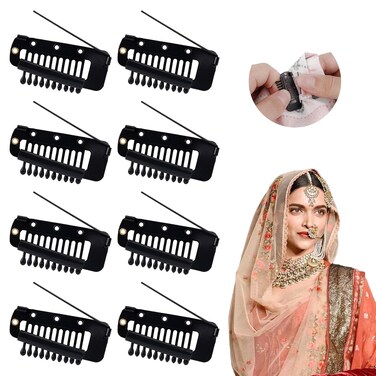 8pcs Hair Clip with Safety Pin, Clip in Hair Extensions Comb Teeth to Secure Wig no Sew Snap Hair Clips for Woman Girls Wig Headscarf Hijab &amp; Tikka (Black, Stainless Steel, 8 Count)