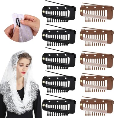 10PCS Chunni Dupatta Clips with Safety Pin, 10-Teeth Strong Chunni Grip Hair Extension Clips Chunni Clips Dupatta for Women Indian Style Wig Headscarf Hijab Tikka Setting (Black+Brown)