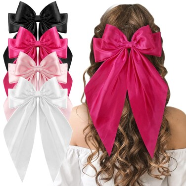 Large Pink Hair Bows, 4 Pack Satin Hair Ribbons Bow Hair Clips, Oversized Long Tail Hair Bow Barrette Satin Hair Bows Cute Hair Accessories for Women Girls