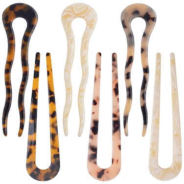 6pcs French Tortoise Hairpins Tortoise Shell U Shaped Large Wavy Crink Clips Cellulose Acetate Bun Hair Stick Fork Pins with 2 Prongs for Women Girls Hairstyle Accessories, 6 Styles
