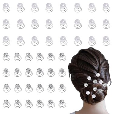 48 Pieces Crystal Pearl Twisters Spiral Set Silver Rhinestone Diamond Hair Pins Gems Coil Pearl Hair Clips for Wedding Prom Party and Special Occasion with Clear Container for Women Girls