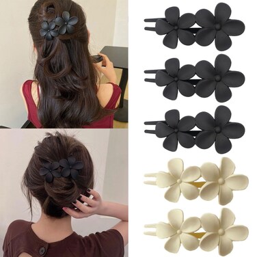 Flower Flat Hair Clips for Women French Flat Hair Claw Matte Hair Clips Flat Claw Clips for Thick Hair Non-Slip Cute Duck Billed for Girls (Black, White)