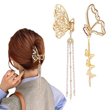 Butterfly Hair Clips Butterfly Metal Hair Claw Clip Big Nonslip Gold Hair Clamps Hair Accessories Butterfly Tassel Design Hair Catch Clip Large Hair Stylish Barrettes Jewelry Hair Supplies(2PCS)