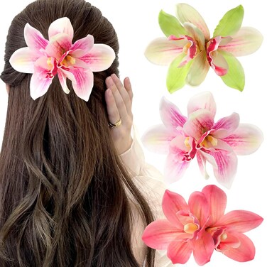 Orchid Hair Clip - 3 Pcs Floral Hair Clips for Women in Pink, Red, Green - Hair Pins for Thick or Thin Hair - Hair Accessories for Beach, Wedding, Party, Daily Use