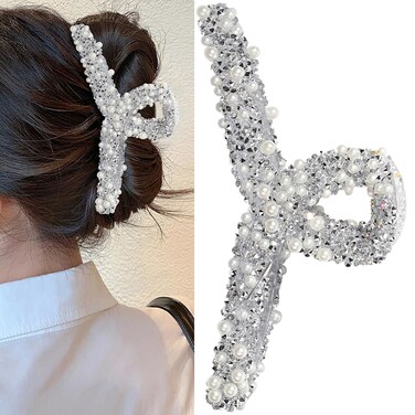 White Diamond Hair Clips White Pearl Hair Claw Clip Super Glitter Rhinestone Claw Clip French Crystal Hair Jaw Clip Adult Hair Decoration for Thick, Thin, Straight,Curly Hair (whtie-01)