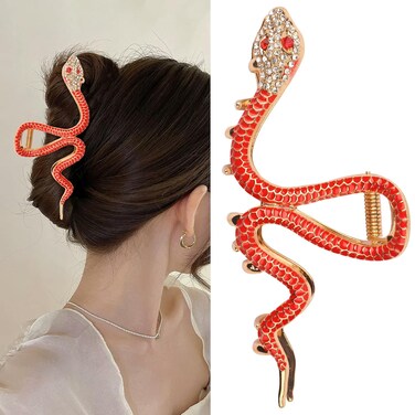 Spring Festival Hair Clips Red Jewel Snake Hair Claw Clips Chinese New Year Hair Barrette Diamond Hair Jaw Snake Ruby Design Women Girl Hair Accessories for New Year,Spring Festival Party