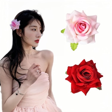 2pcs Rose Flower Hair Clip Red Pink Rose Brooch Floral Hair Accessories for Woman Girl Party Wedding