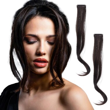 NICENEEDED 2 PCS Dark Brown Clip in Fake Bangs, Hair Clip in Extensions Faux Bangs, Wavy Curly Long Side Air Bangs Clips Hair Pieces Barrettes for Women Daily Use