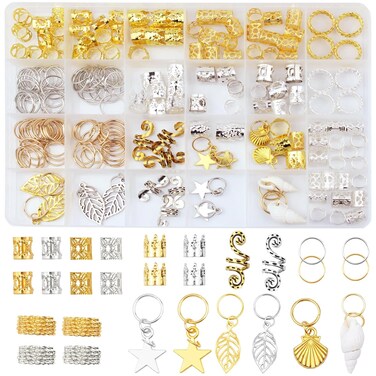 206 Pieces Beads for Hair Braids, Dreadlock Jewelry, Hair Jewelry for Braids, Metal Gold and Silver Braid Rings, Cuffs and Clips for Men Women Dreadlock Accessories