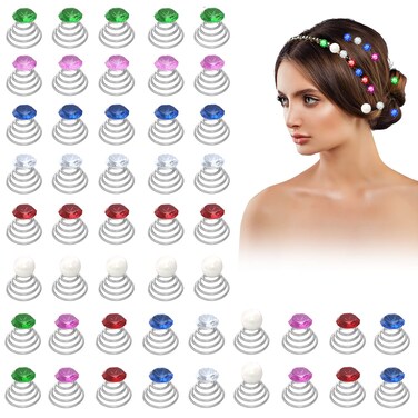 Rhinestone Spiral Hair Pins, BENBO 72PCS Colorful Shiny Crystal Twist Hair Pin Silver Coil Twisters Swirl Hair Clips Wedding Pearl Spiral Pins Jewelry Clip for Women Bridal Prom Party