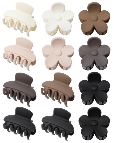 AWAYTR Hair Clips, 12pcs Small Matte Hair Claw Clips for Women - Flower, Rectangle - White/Brown/Black, Cute Hair Clips for Girls