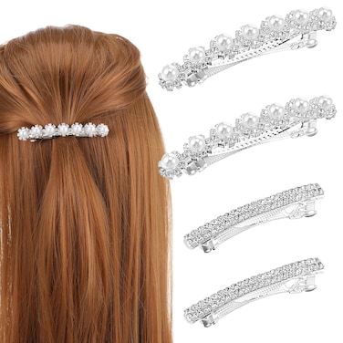 4 PCS Bling Pearl Metal Spring Small Hair Barrettes, Sparkly Rhinestone Hair Clips Silver Crystal Ponytail Holder Side Clips for Women Girls Bridal Wedding Engagement Prom Valentines