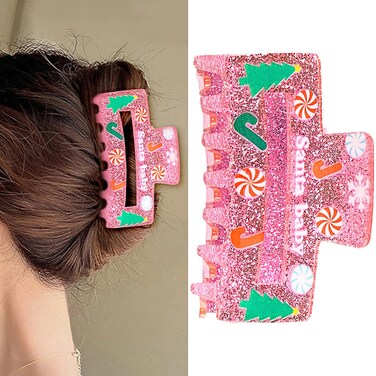 Christmas Hair Clips Pink Square Claw Clips for Thick Hair, Candy Cane Glitter Design Winter Hair Accessories for Women Girls Non-slip Hair Barrette Hair Clips for Thin Hair Xmas Party Gift 1PCS