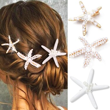 CAKURE Sea Star Hair Clips Starfish Pearl Hair Barrettes Mermaid Hair Accessories for Women and Girls (Pack of 3)