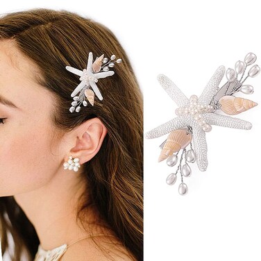 Casdre Starfish Hair Clip Silver Pearl Bridal Hair Piece Bride Wedding Hair Barrette Shell Beach Hair Accessories for Women and Girls