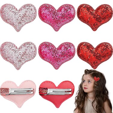 9 Piece Heart Hair Clips, Glitter Sequin Heart Hairpins, Heart Shape Barrettes for Girls in Three Colors, Valentine's Day Themed Party