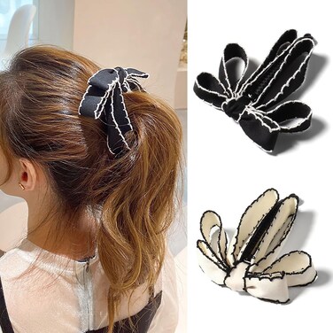 2 PCS Bow Banana Hair Clips, Ribbon Bowknot Ponytail Claw, Vertical Ponytail Claw Clip for Women Girls Banana Barrette Claw Hairpin Cute Ponytail Holder Hair Accessories