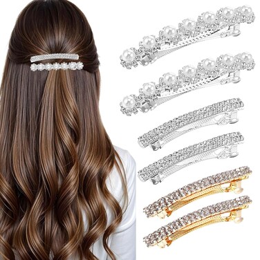 6Pcs Rhinestone Hair Clips, Sparkly Hair Barrettes Pearl Metal Hair Clips Gold Silver Bling Hair clip Bridal Wedding Rhinestone Hair Accessories for Women Girls Prom Party