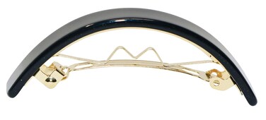 French Amie Curved Black Small 2.5" Celluloid Acetate Handmade Automatic Hair Clip Barrette with Golden Clasp