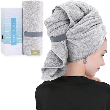 myHomeBody Hair Drying Towel, Hair Wrap Towel, Quick Dry Towel, Hair Towel Wrap for Women Long Hair, Hair Towels for Women, Hair Turbans for Wet Hair with Strap, Gray