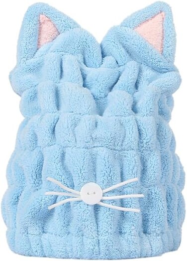 Hair Towel Cap - Cute Cat Bathroom Towel Hat, Coral Velvet Hair Towel Wrap for Women, Blue Hair Drying Towel Cap for Women &amp; Kids, Quick Dry Hair Turban for Curly Long &amp; Wet Hair