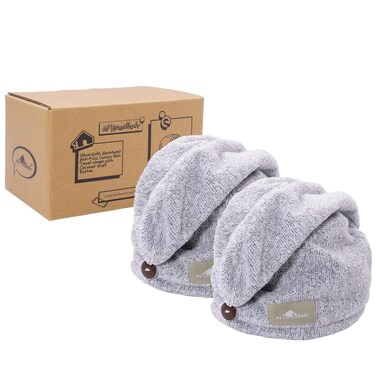 myHomeBody Hair Towel Wrap, Luxury Quick Drying Turban, Ultra Soft Absorbent Charcoal Fiber Cap, with Coconut Shell Button &ndash; 2 Pack