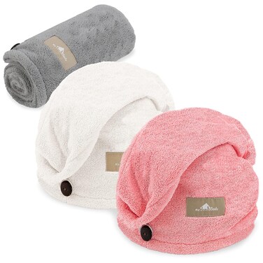 myHomeBody Hair Towel Wrap, Luxury Quick Drying Turban, Ultra Soft Absorbent Charcoal Fiber Cap, with Coconut Shell Button &ndash; Light Gray, Pink, White, 3 Pack