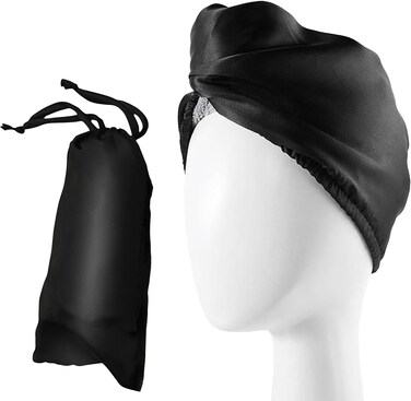 Satin Microfiber Hair Towel Wrap Set - Ultra Absorbent Satin Microfiber Hair Towel with Matching Satin Travel Bag - Ideal for Luxurious Hair Care (Black)