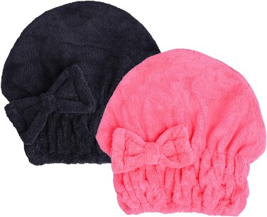 Microfiber Hair Towel Cap for Women Wet Short or Long Curly Hair Super Absorbent Quick Dry Turbans Anti Frizz Great Gift for Women and Girls (Black+Rose red, 2)