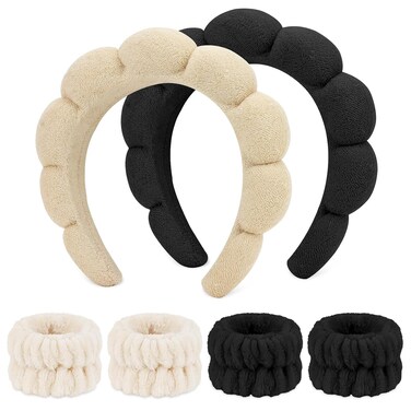 WHAVEL 6PCS Terry Cloth Spa Set - Puffy Sponge Headband &amp; Wrist Towels for Face Washing, Women &amp; Girls