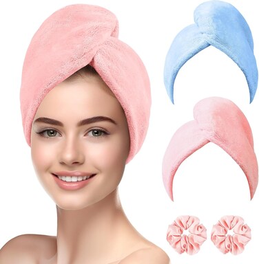2 Pack Microfiber Hair Towel Wrap &amp; Hair Accessories- Thicken Super Absorbent Hair Turban Towel for Women- Quick Drying Curly, Long, Thick Wet Hair- Anti Frizz, Ultra Soft, 26" x10&ldquo;