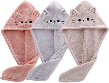 BATTILO PTY Cute Cat Microfiber Hair Towel Wrap for Kids,3 Packs Hair Drying Towels Rapid Dry Hair Turban Funny Twist Hair Towel for Women Girls Kids Curly Long Hair(Cat)
